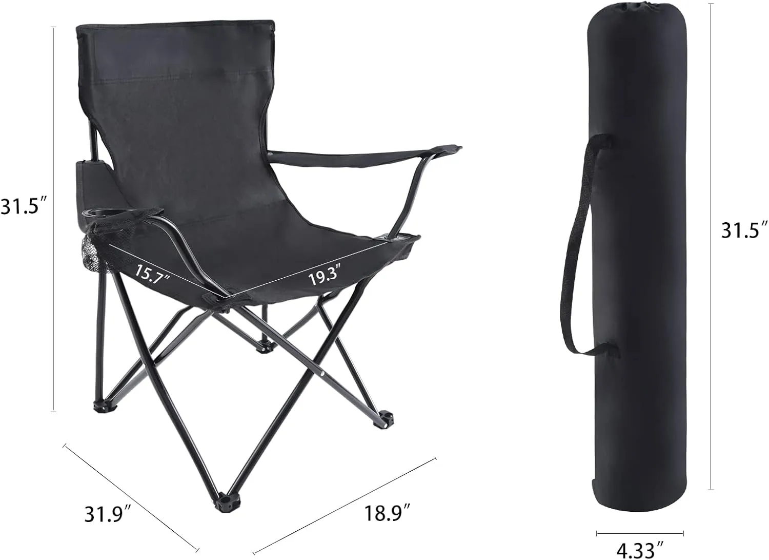 YSSOA Portable Folding Black Camping Chair, 2-Pack
