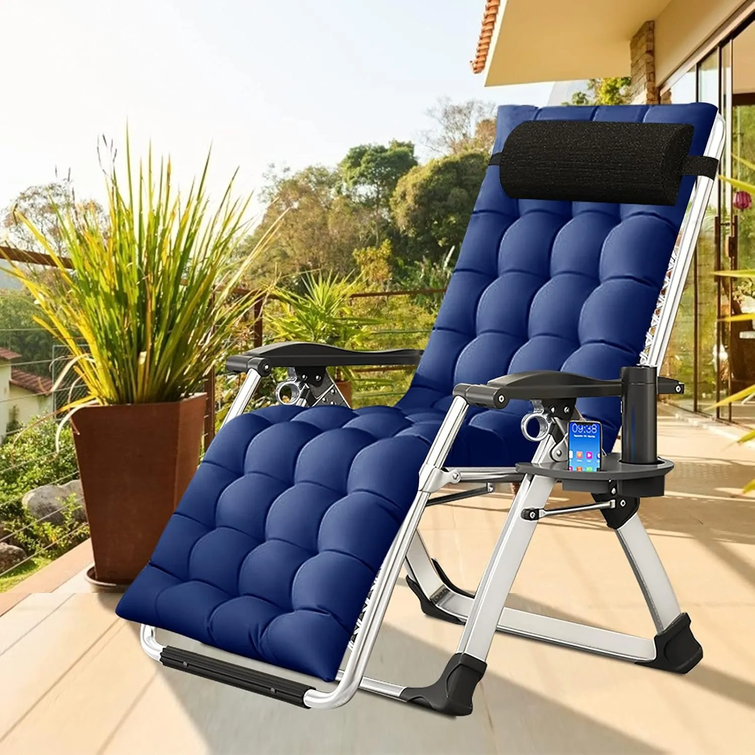 Zero Gravity Chair, Patio Recliner Folding Reclining Chair, Reclining Lounge Chair with Removable Cushion & Tray for Indoor and Outdoor