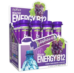 Zipfizz Daily Energy Drink Powder, Grape, 12 Pack | 3-in-1 Sustained Energy, Rapid Hydration, and Essential Vitamins | Sugar-Free | Electrolyte Powder | Contains Vitamin B-12 & Antioxidants