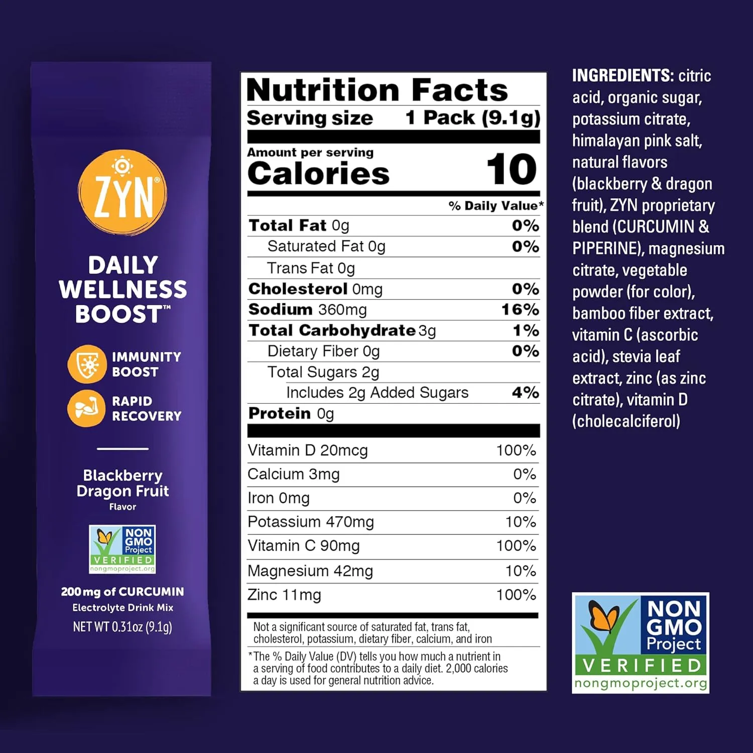 ZYN Electrolyte Drink Mix Hydration Packets, Electrolytes Powder, Hydration Packets w/Turmeric Curcumin, Vitamin C and D, Zinc, Hydrate Electrolyte Powder Packets for Wellness, Variety Pack of 16