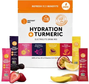 ZYN Electrolyte Drink Mix Hydration Packets, Electrolytes Powder, Hydration Packets w/Turmeric Curcumin, Vitamin C, Vitamin D, Zinc, Hydrate Electrolyte Powder Packets for Wellness, Variety Pack of 8